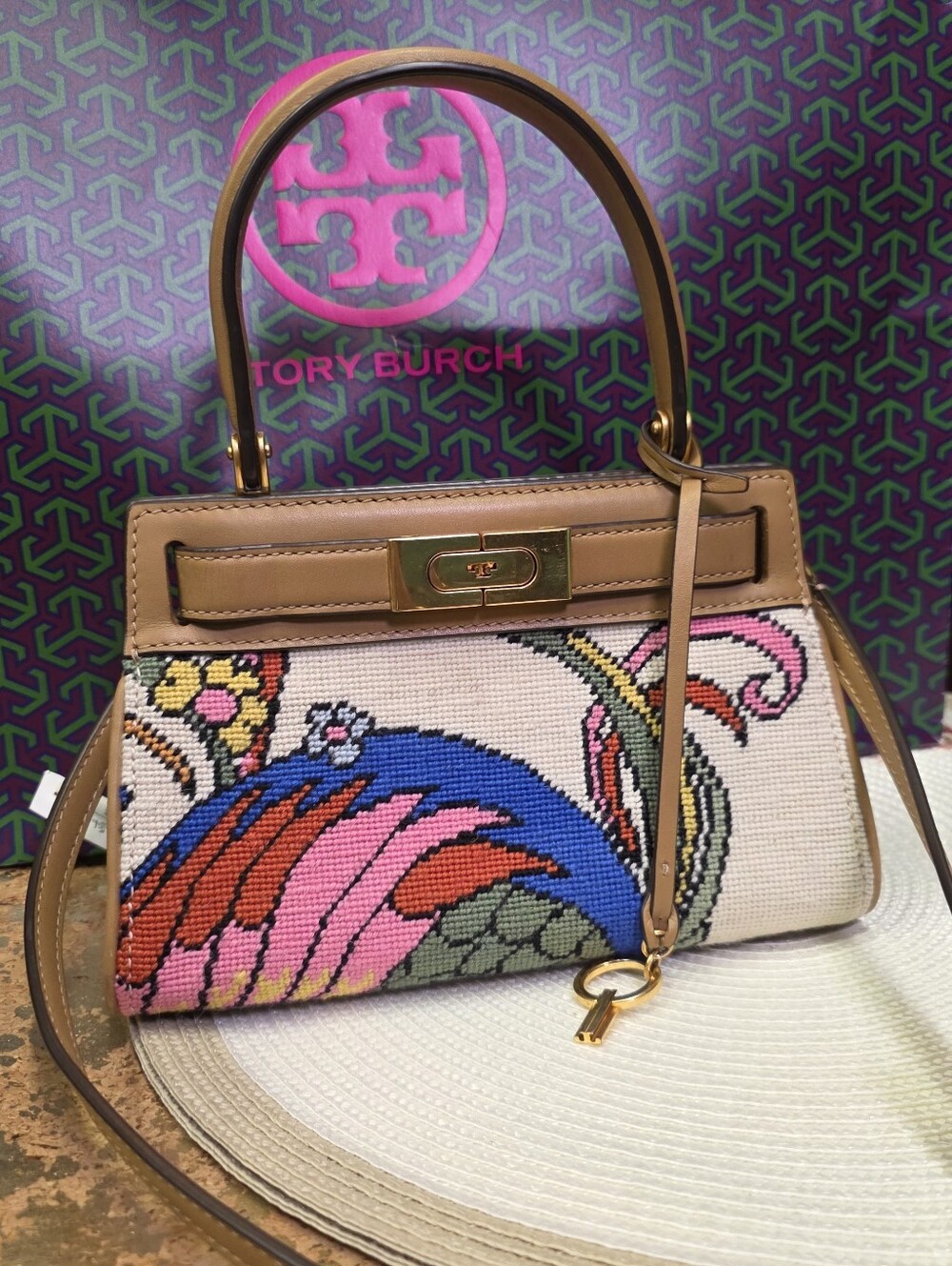 Tory Burch Lee Radziwill Petite bag featuring limited Needlepoint Embroidery